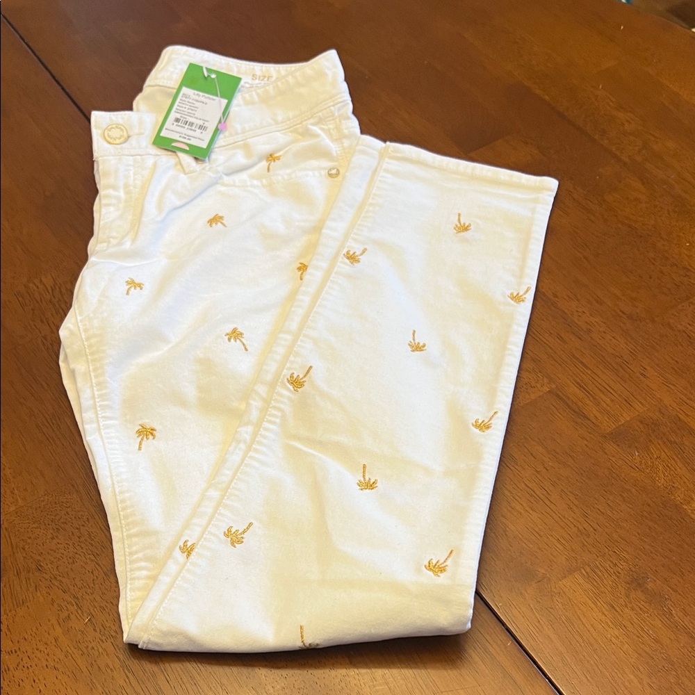 Lilly Pulitzer White Pants with Gold Palm Embroidery